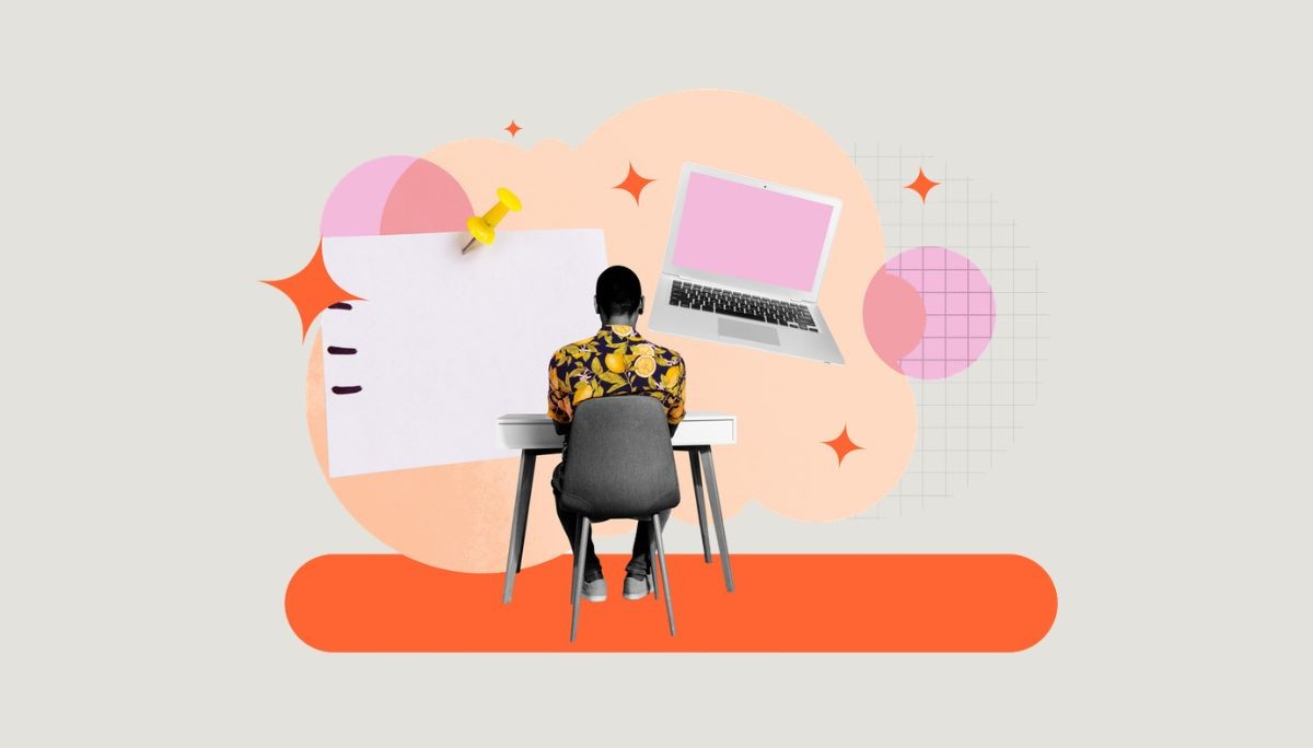 Composite image of person at desk with laptop and abstract shapes, symbolizing best job boards according to Reddit for NYC, remote, and tech jobs.