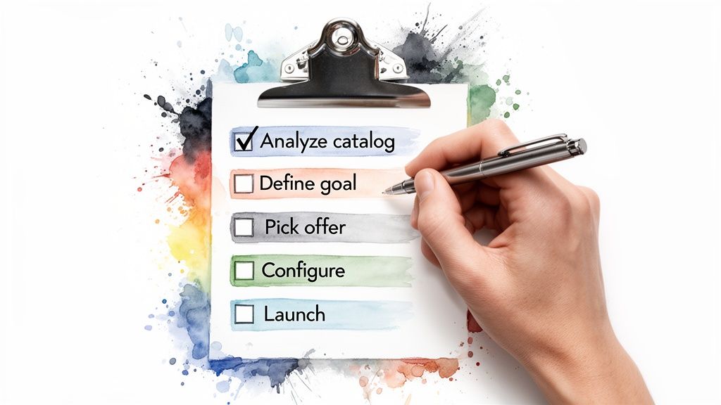 A hand checks 'Analyze catalog' on a checklist with steps like 'Define goal' and 'Launch'.