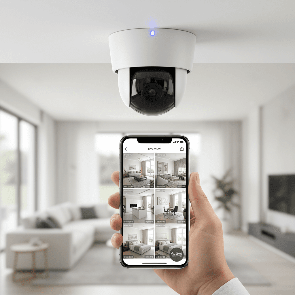 A television displaying a vibrant landscape image is set against a wall decorated with clouds and illuminated with colorful LED lights. Two potted plants flank the television stand, which holds various electronic devices and decorative items. A fluffy rug sits in front of the entertainment center, adding to the cozy ambiance of the room.