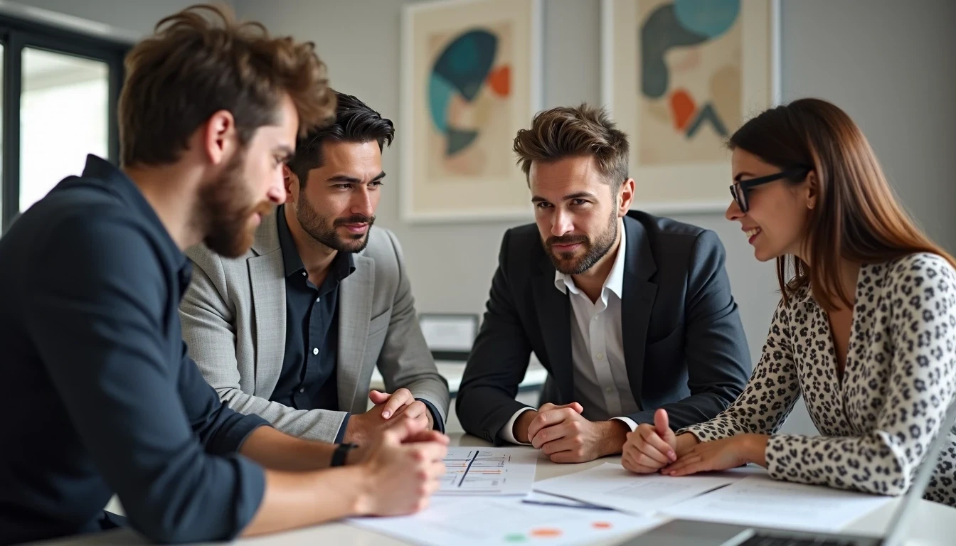 4 people (3 men and a woman) sitting round a desk looking as if they are talking earnestly about an issue. 