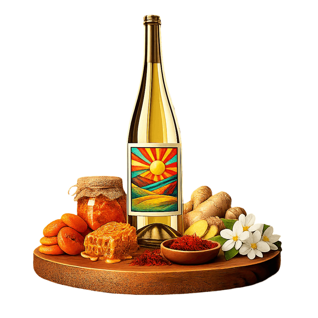 Artistic label and flavor profile for Hungarian Tokaji Aszú on a rustic wooden table.