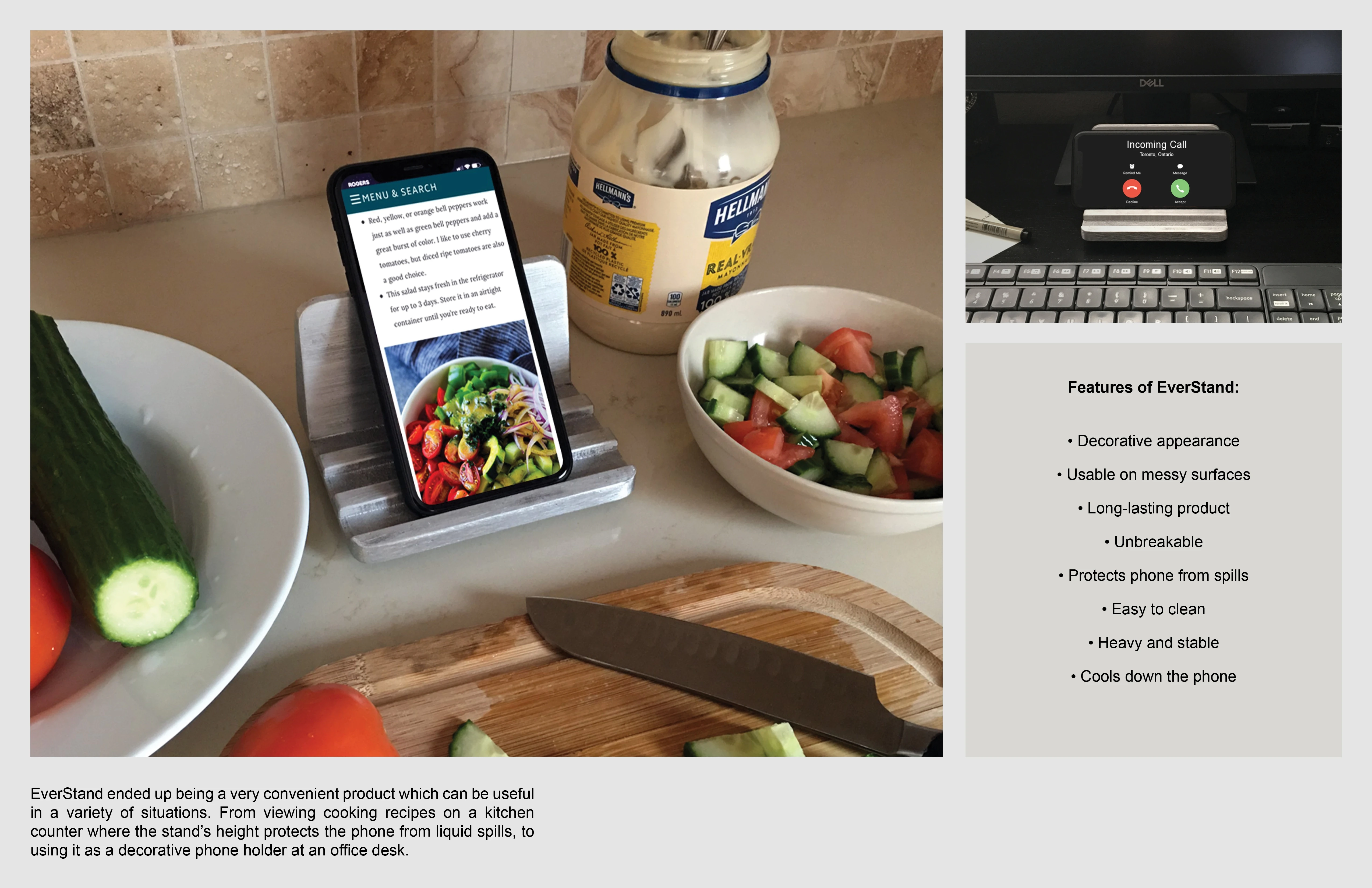 Phone stand use cases, showing the stand being used in a kitchen to hold a phone.