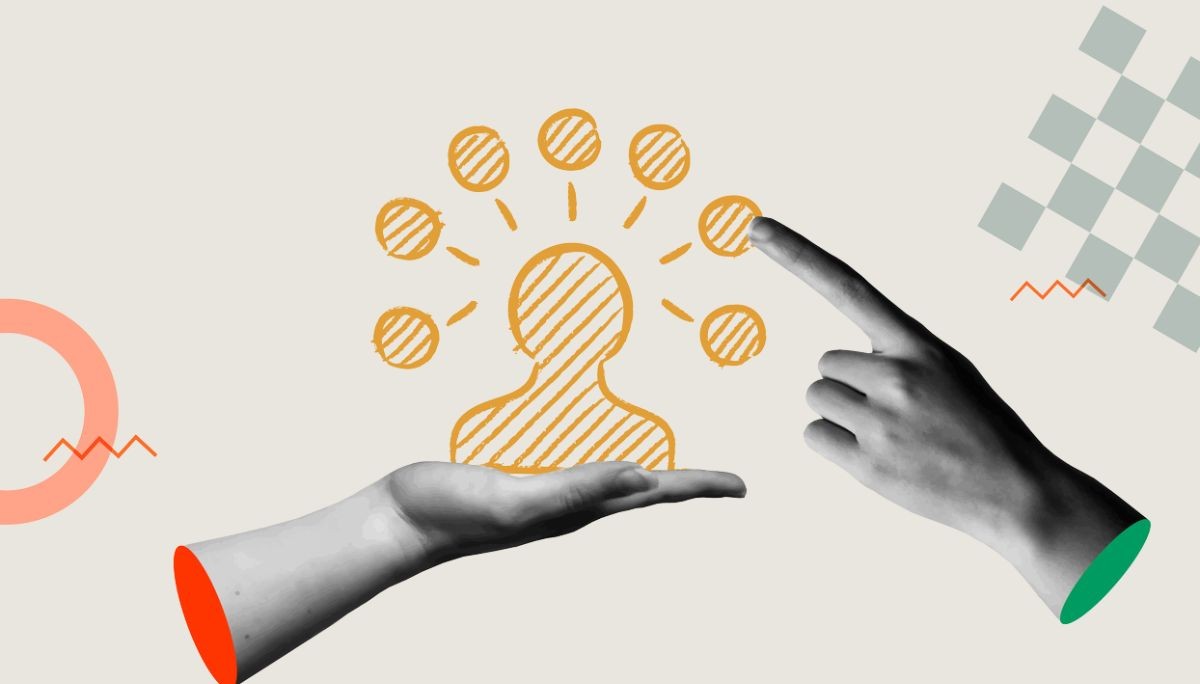 Illustration of two hands supporting and pointing toward a sketched human figure surrounded by abstract symbols, representing developer communities and collaboration.