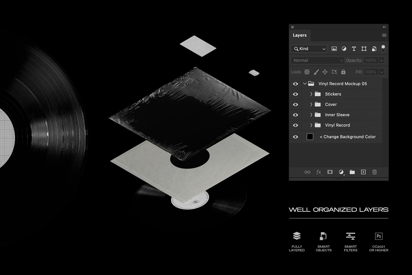 Vinyl record mockup Photoshop template with smart objects and organized layers