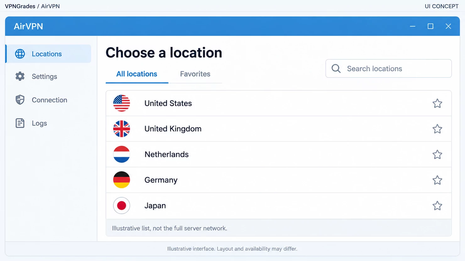AirVPN: a location picker concept (illustration).