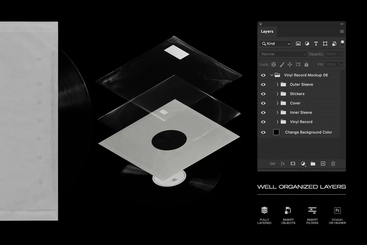Vinyl record mockup Photoshop template with smart objects and organized layers
