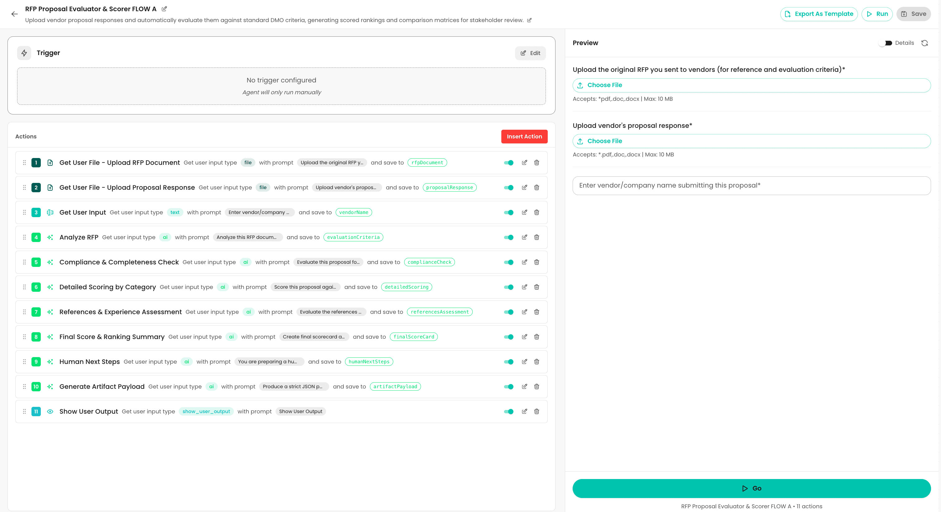 Flow A in Swix. Eleven actions, one full proposal evaluation. Run it once per vendor