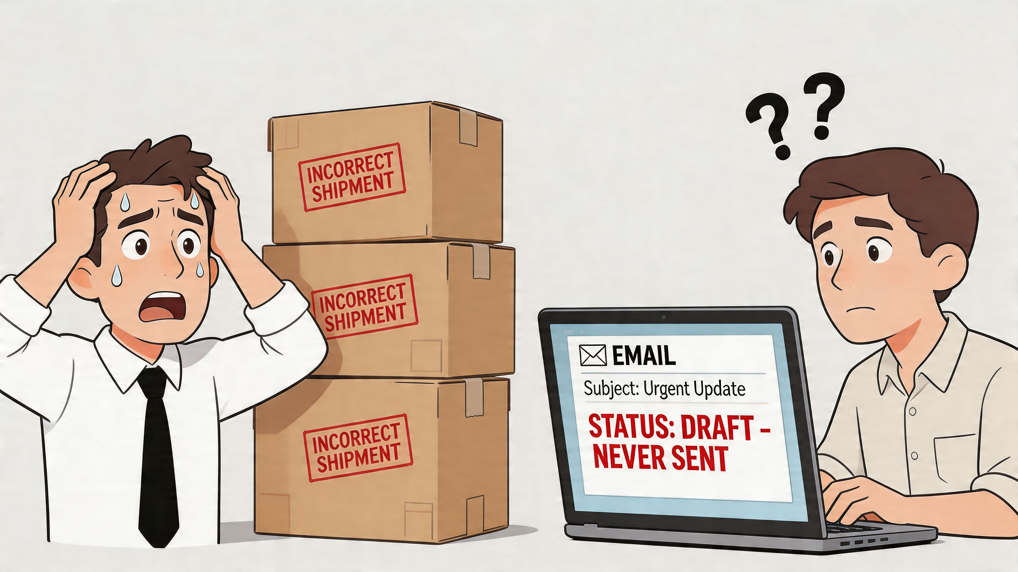 A man looking stressed next to incorrect shipment boxes while another man looks confused at an unsent email.