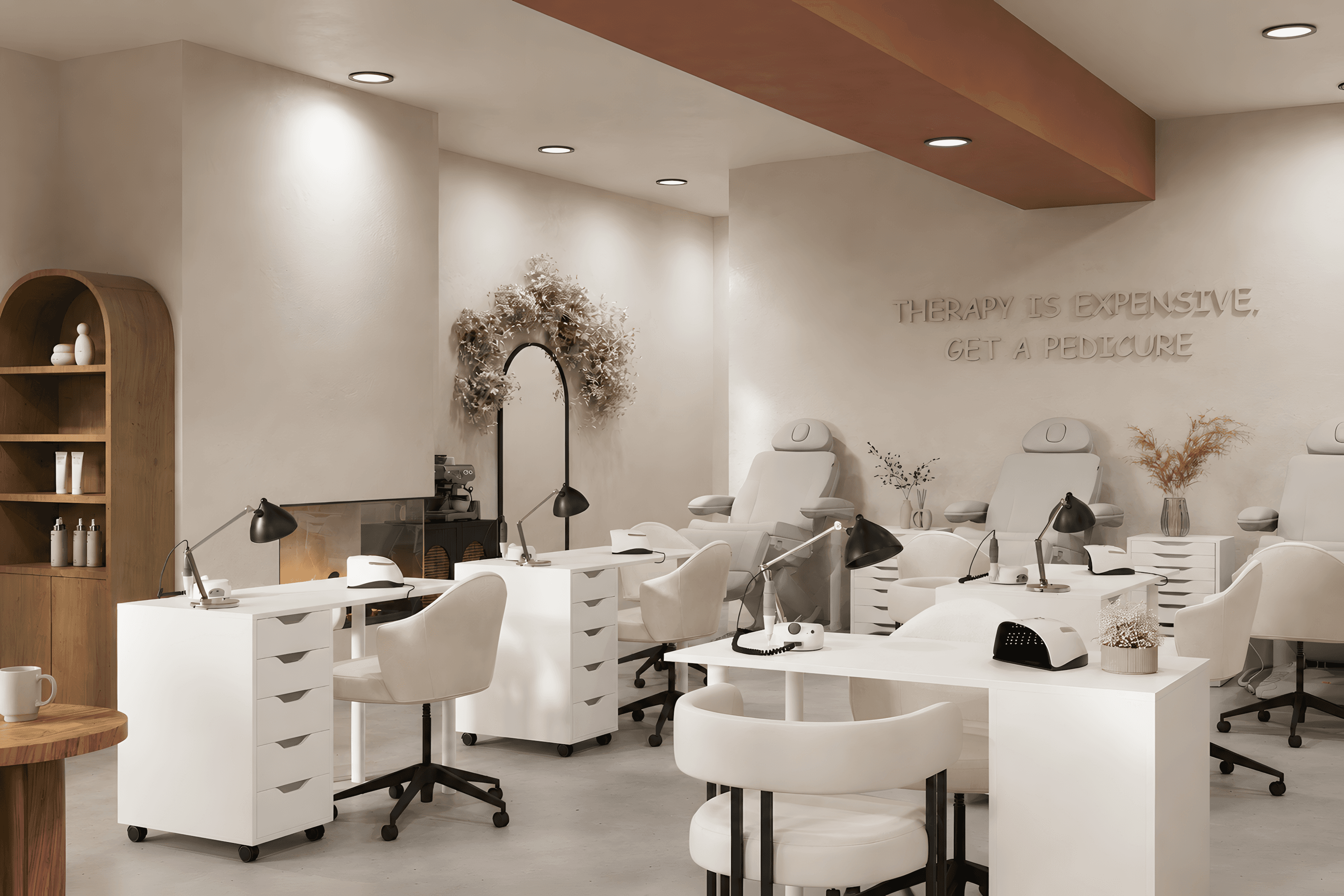 NailDar pedicure area with white treatment chairs, task lighting and textured plaster walls — San Francisco CA — Pont22 Interiors