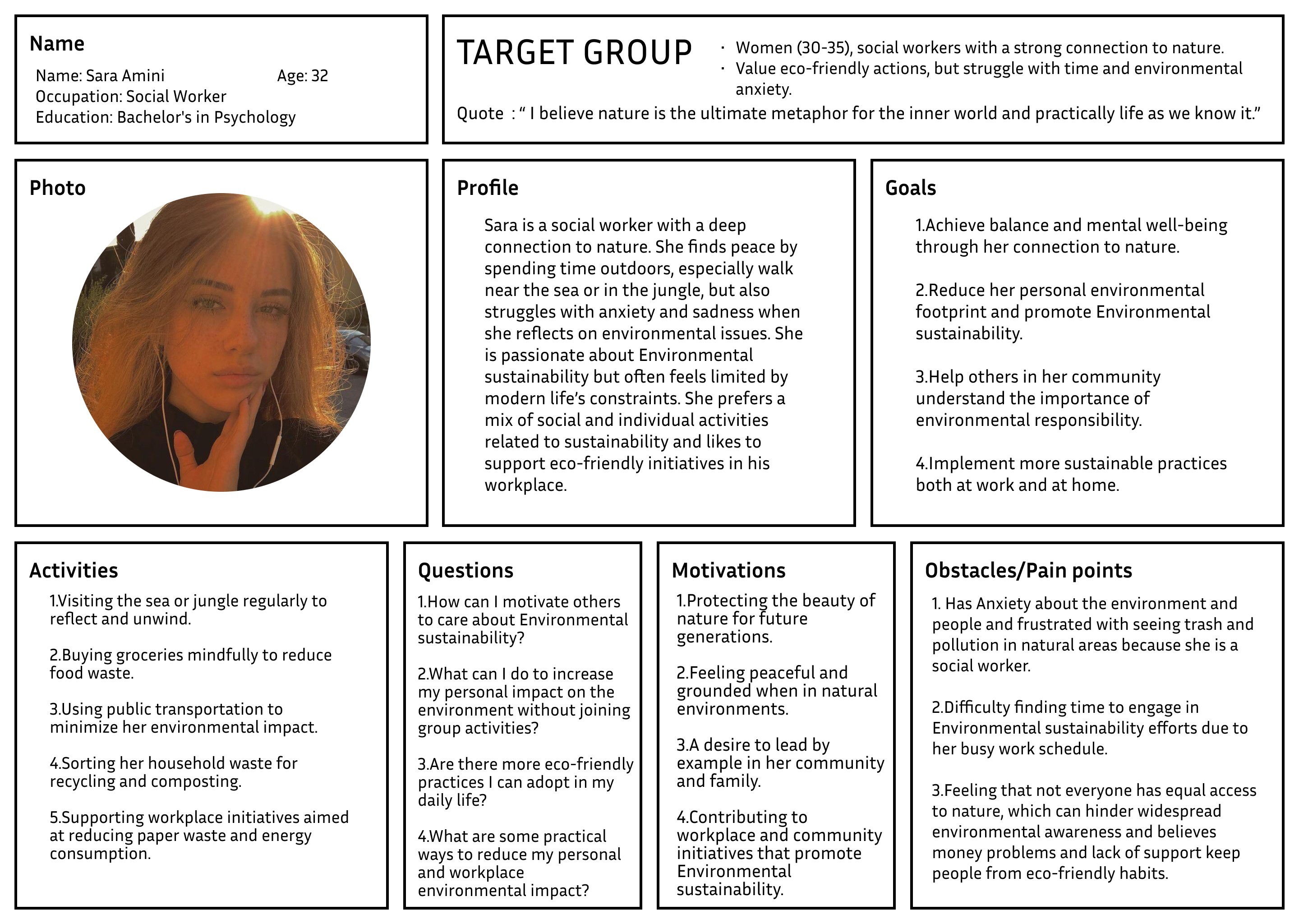 User persona representing target users of the immersive nature service