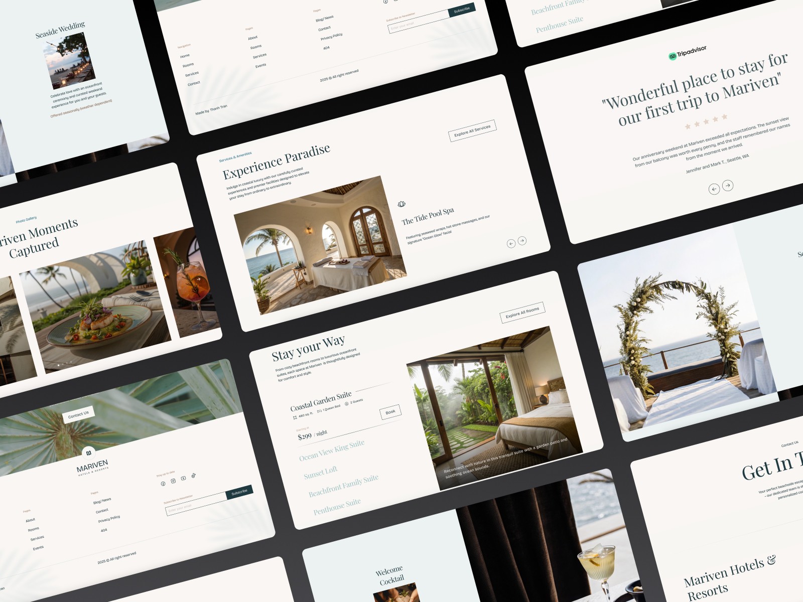 A collage of luxury hotel website mockups showcasing elegant layouts with photos of seaside weddings, tropical suites, fine dining, spa experiences, and guest testimonials, designed for Mariven Hotels & Resorts.