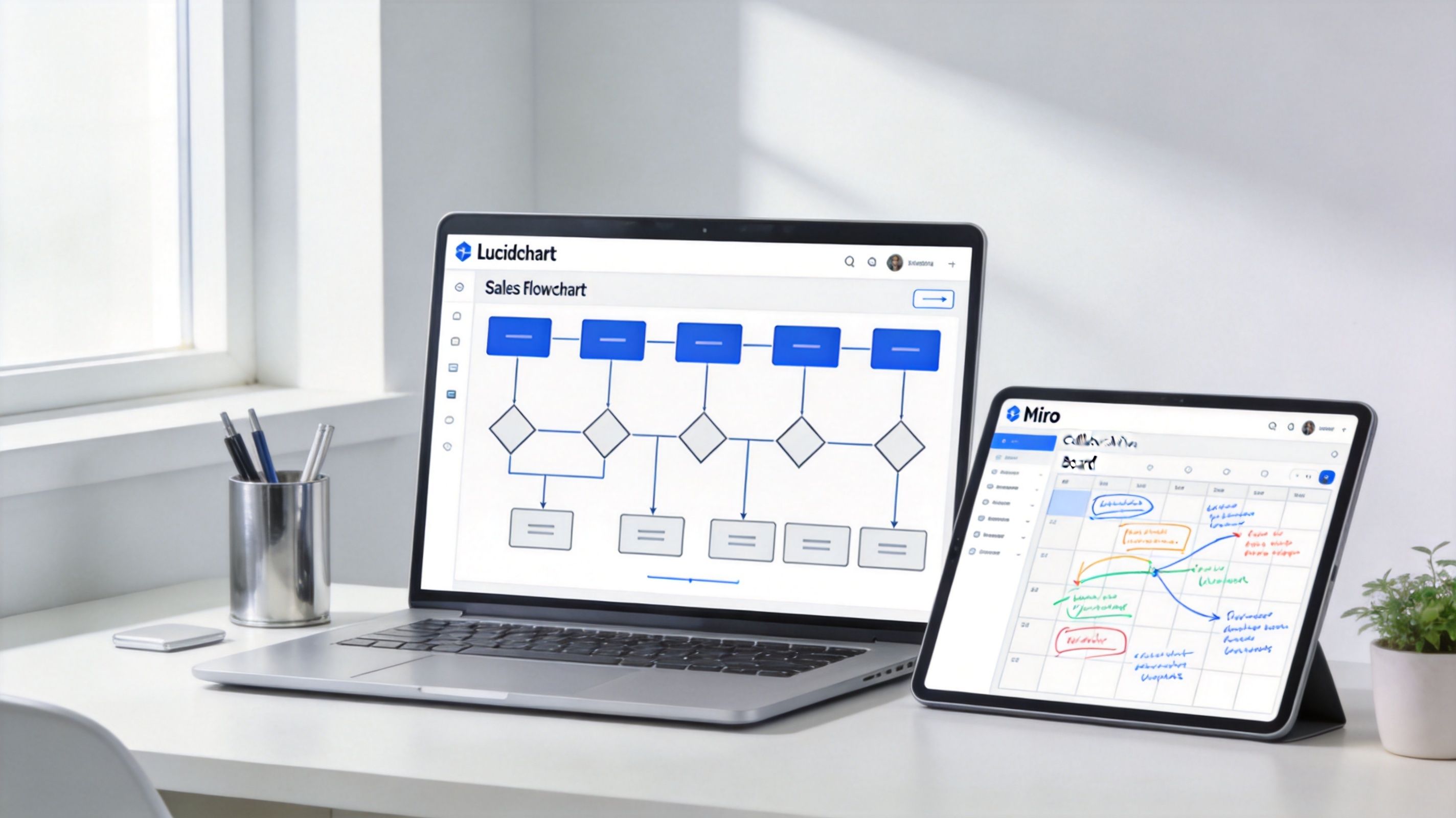 A laptop and tablet displaying flow chart software on a bright office desk with pens and a plant.