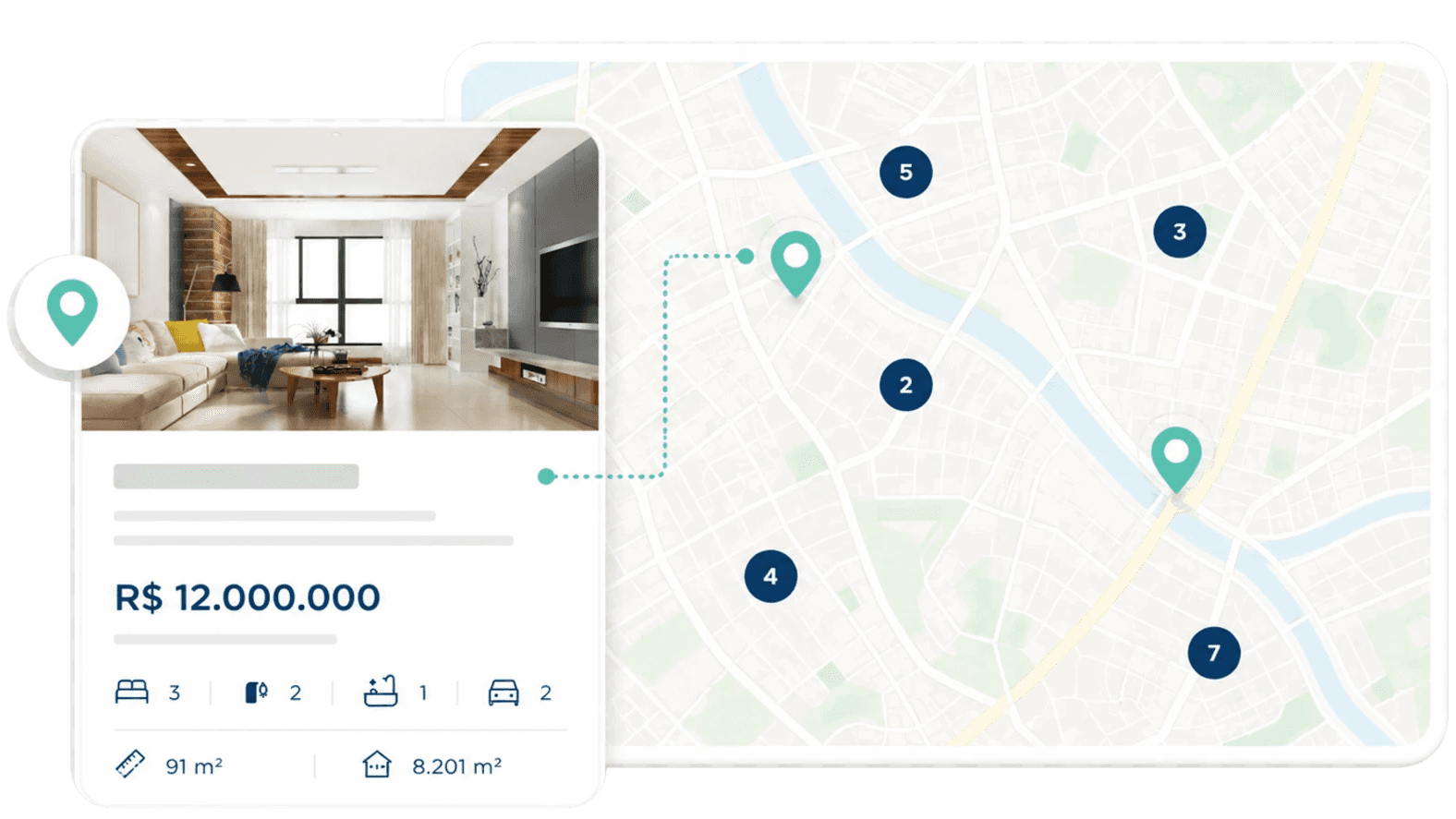 Tela do site mostrando vitrine de imóveis com localização no mapa