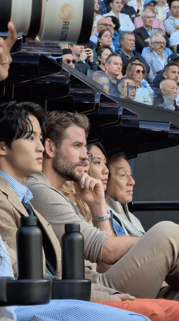 Reaction from the stands of an Autralian Open game. Featuring Jackie Chan and other famous figures