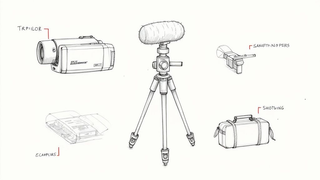 A set of beginner videography accessories including a camcorder, tripod, and microphone on a wooden table.