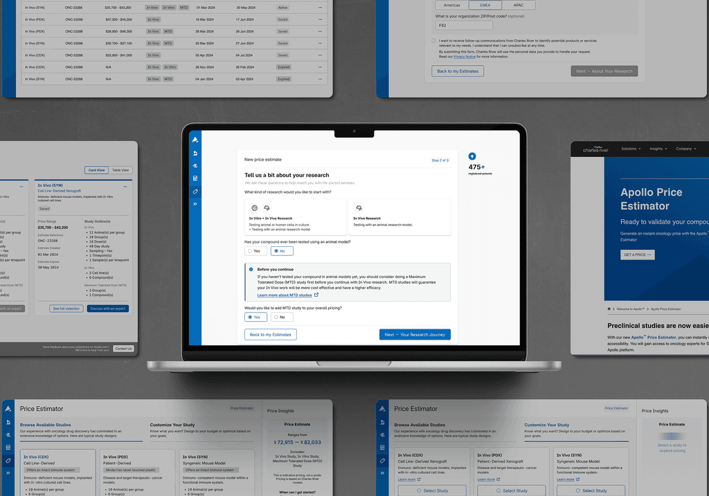 Oncology price estimator application screens on a laptop screen