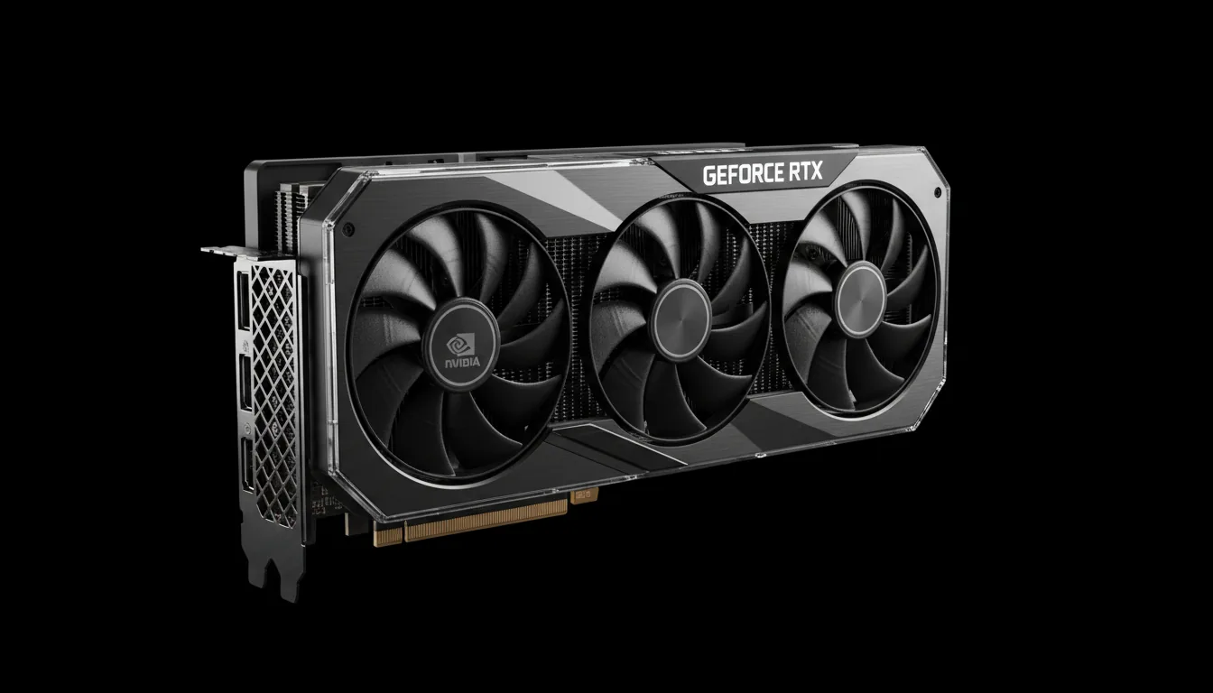 Professional product photography of a modern NVIDIA GeForce RTX 4090 graphics card. Macro DSLR shot from a three-quarters angle. The card features a sleek, geometric design with a mix of matte black and dark gunmetal metallic textures. Dramatic soft studio lighting creates cinematic contrast, accentuating the card's form against a pure black background. Every detail, from the cooling fan to the heatsink fins, is in sharp focus.