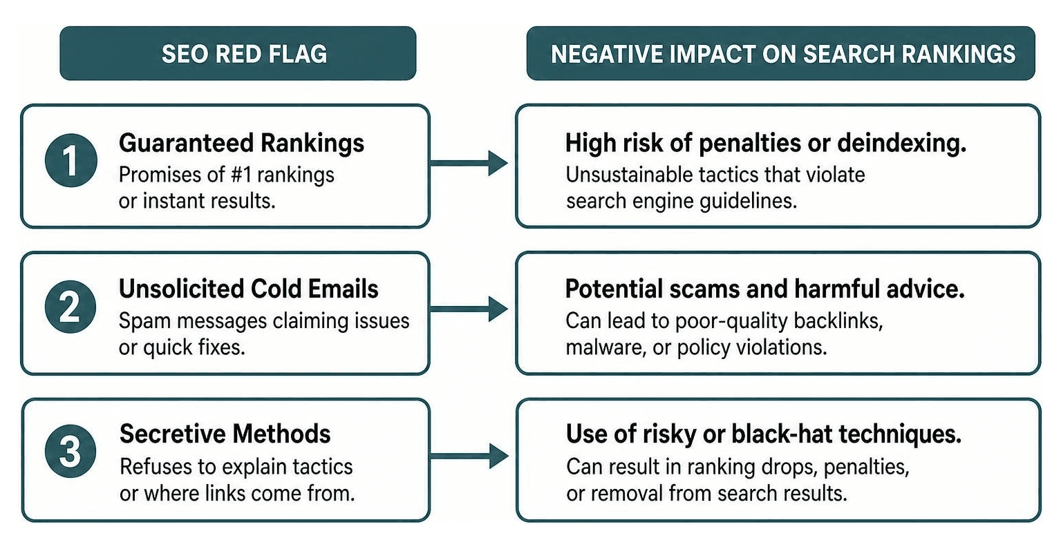 diagram mapping SEO red flags and their negative impact on search rankings