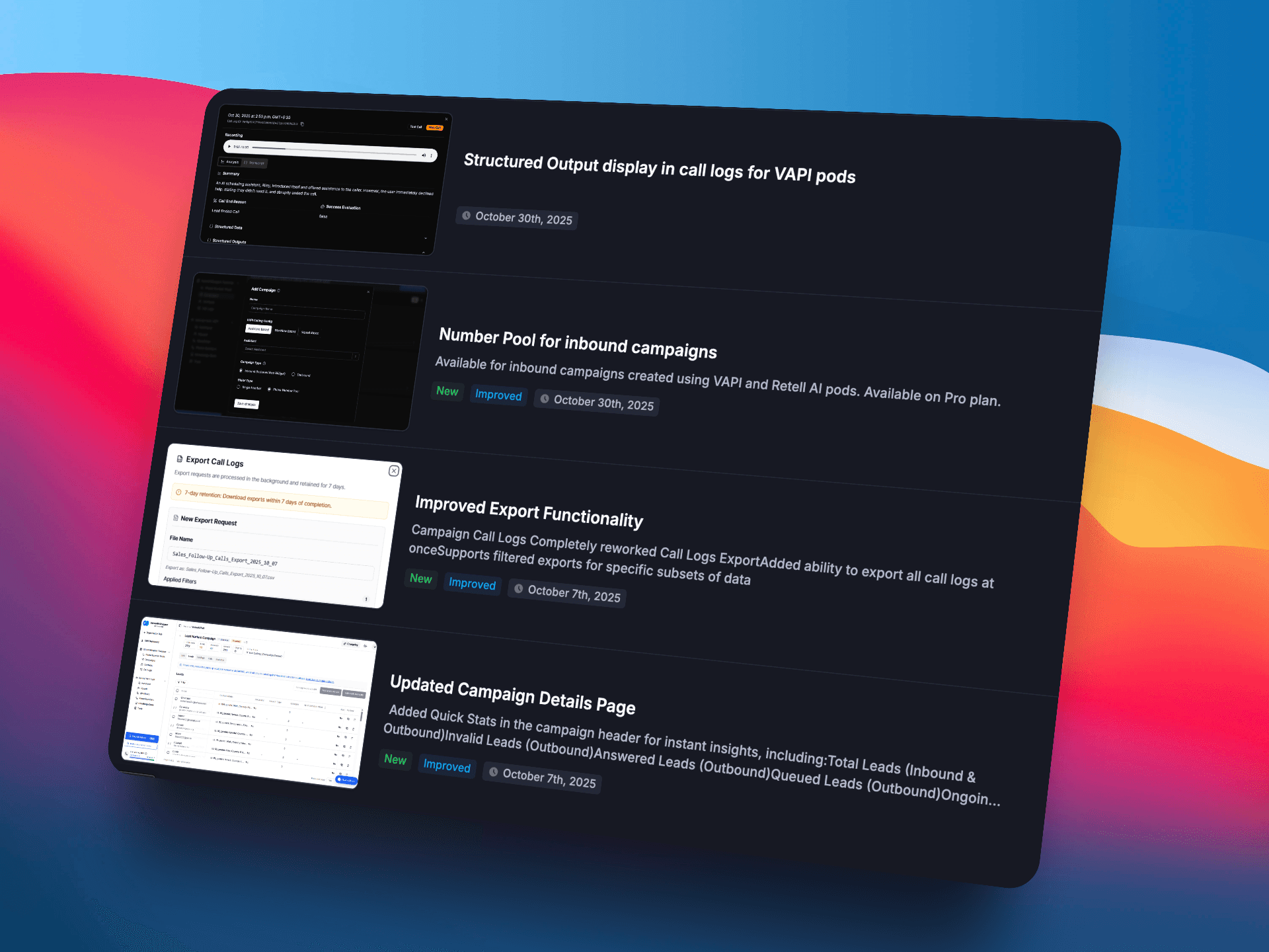 VoiceAIWrapper regular platform updates showing structured output display in call logs, number pool for inbound campaigns, improved export functionality, and updated campaign details page - October 2025 release notes | VoiceAIWrapper
