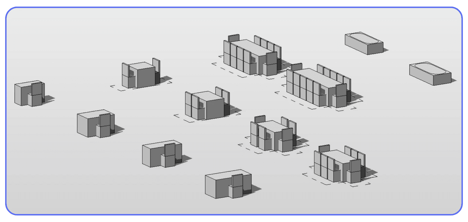 Series of simple Revit massing models illustrating early-stage layout and volume studies