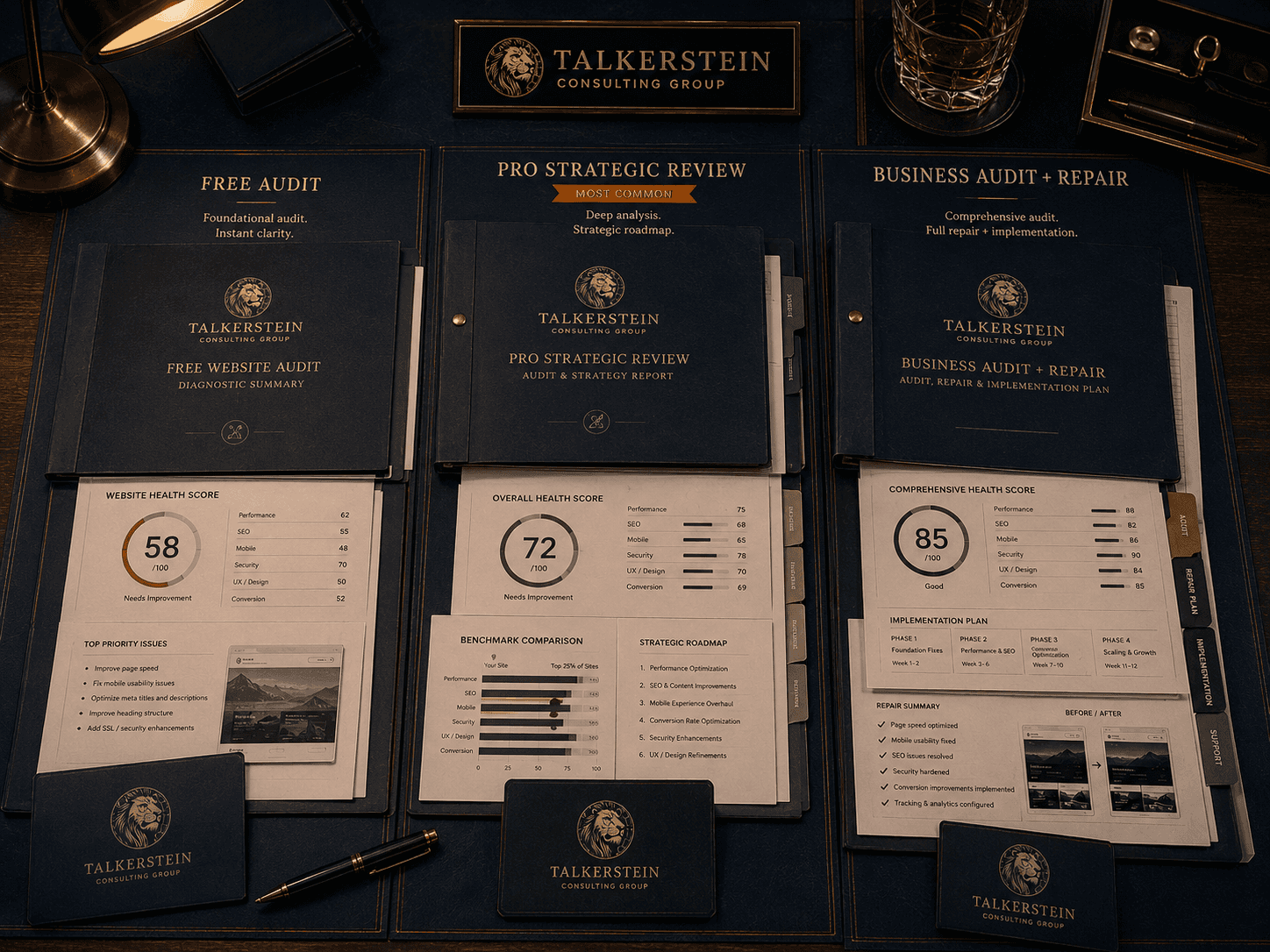 Three premium website audit folders displayed side by side on a navy leather desk, each containing website assessments, benchmark reports, repair plans, and implementation documents.