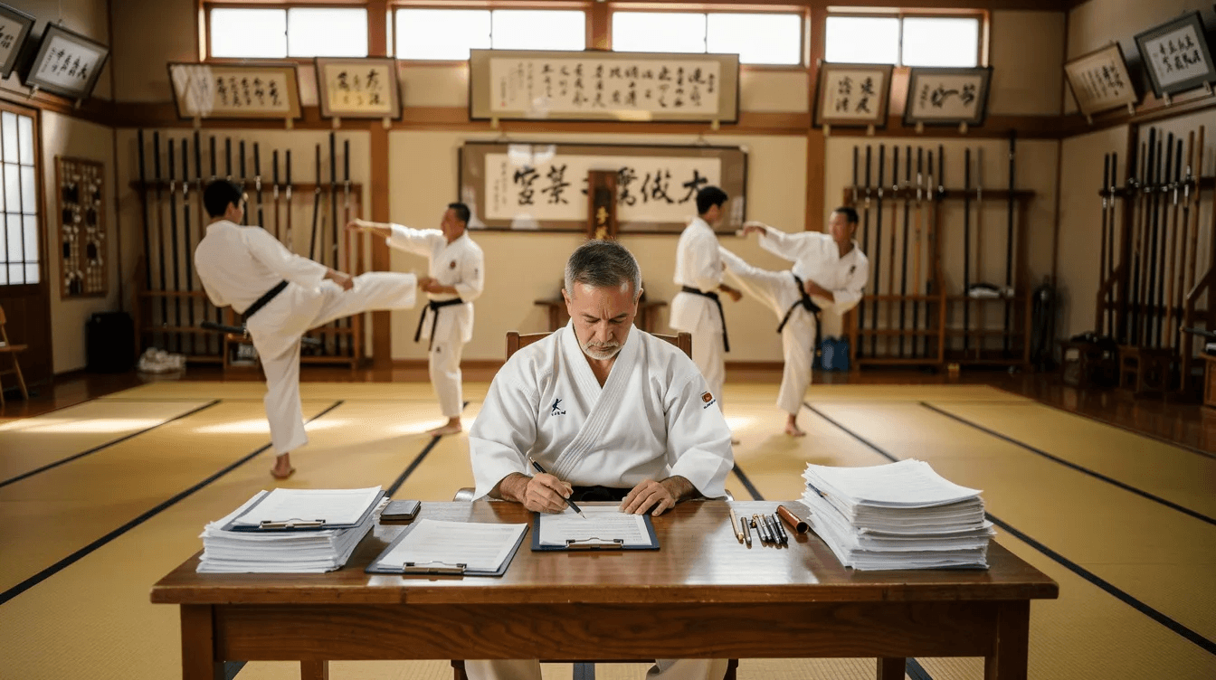 A martial arts instructor is seen organizing papers at a desk in a dojo, while students practice their techniques in the background. This setting highlights the balance between administrative tasks and active training, showcasing the importance of martial arts management software for schools to efficiently handle class scheduling and student progress.