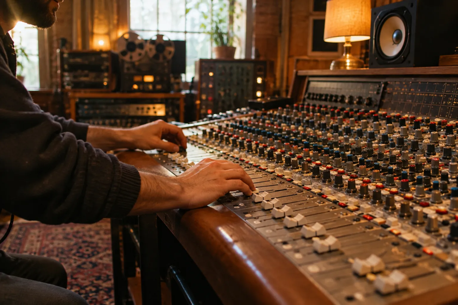 Hands on the faders of the analogue console