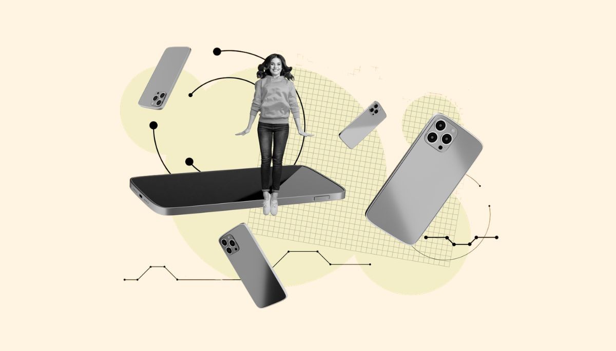 Collage of a person standing on a smartphone surrounded by floating devices, symbolizing hiring iOS developers and mobile technology expertise.