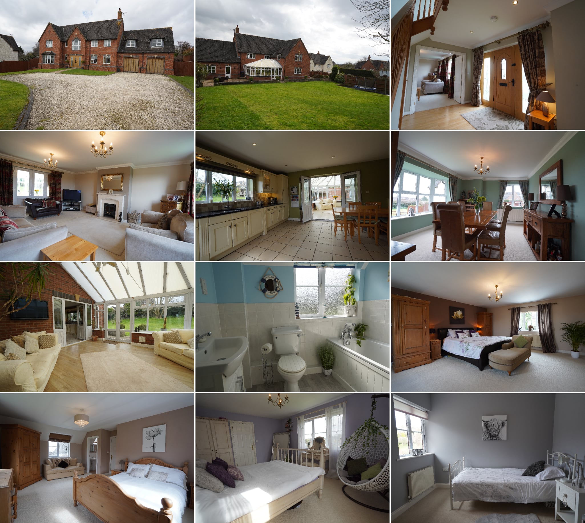 Original property photos before editing — detached brick house exterior with grey sky, living room, kitchen, dining room, conservatory, bathroom, and bedrooms with uneven lighting