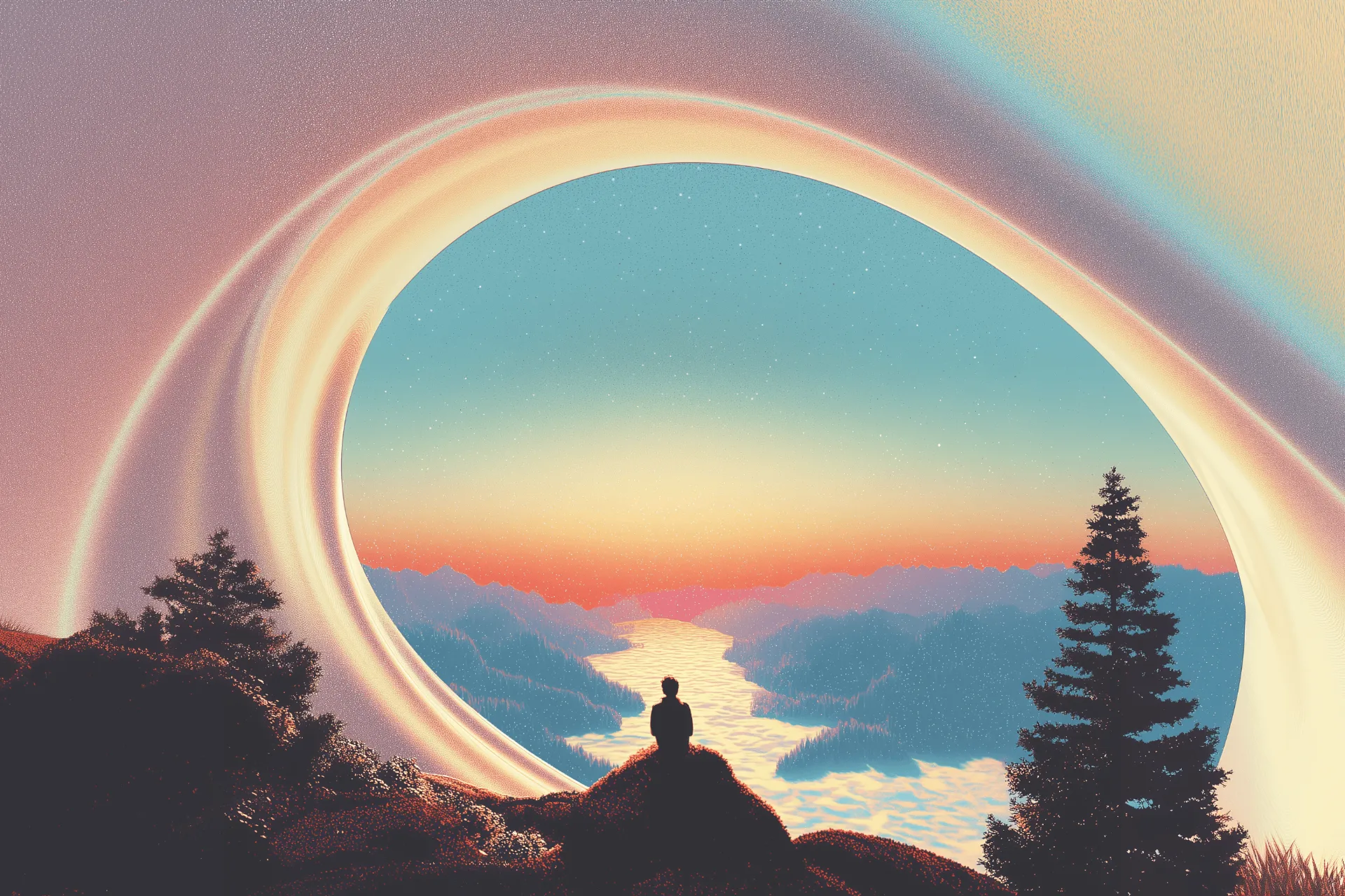 Illustration of a person on a hilltop viewing a starry landscape through a portal