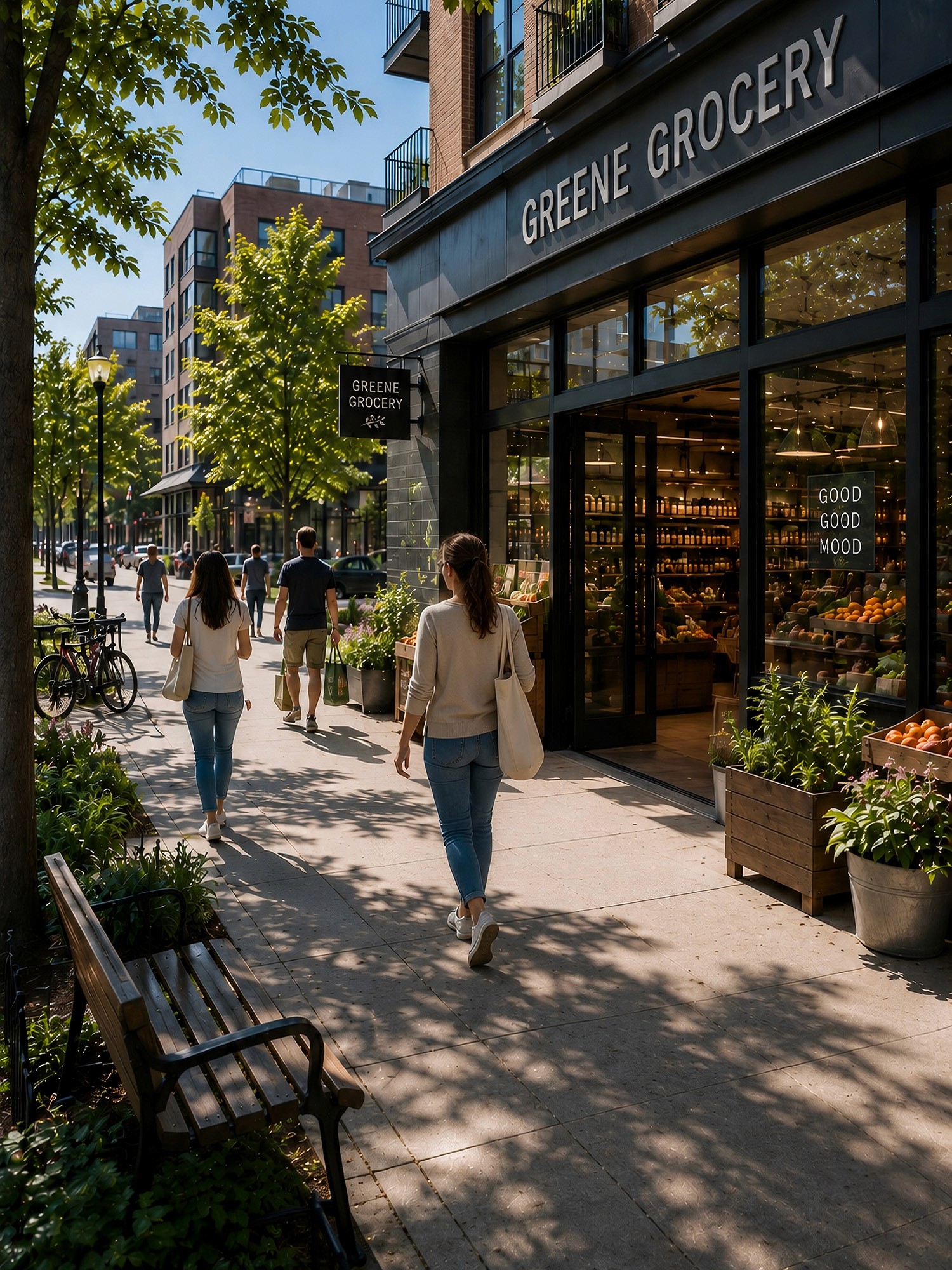 Pedestrians stroll past a local grocery store with large windows displaying fresh produce, located at the base of a modern brick building.