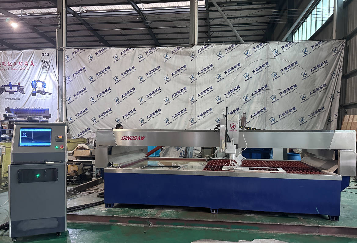 Dinosaw 5 Axis CNC Water Jet Stone Cutting Machine set in a workshop environment, showcasing its industrial-grade design and readiness for precise stone cutting tasks.