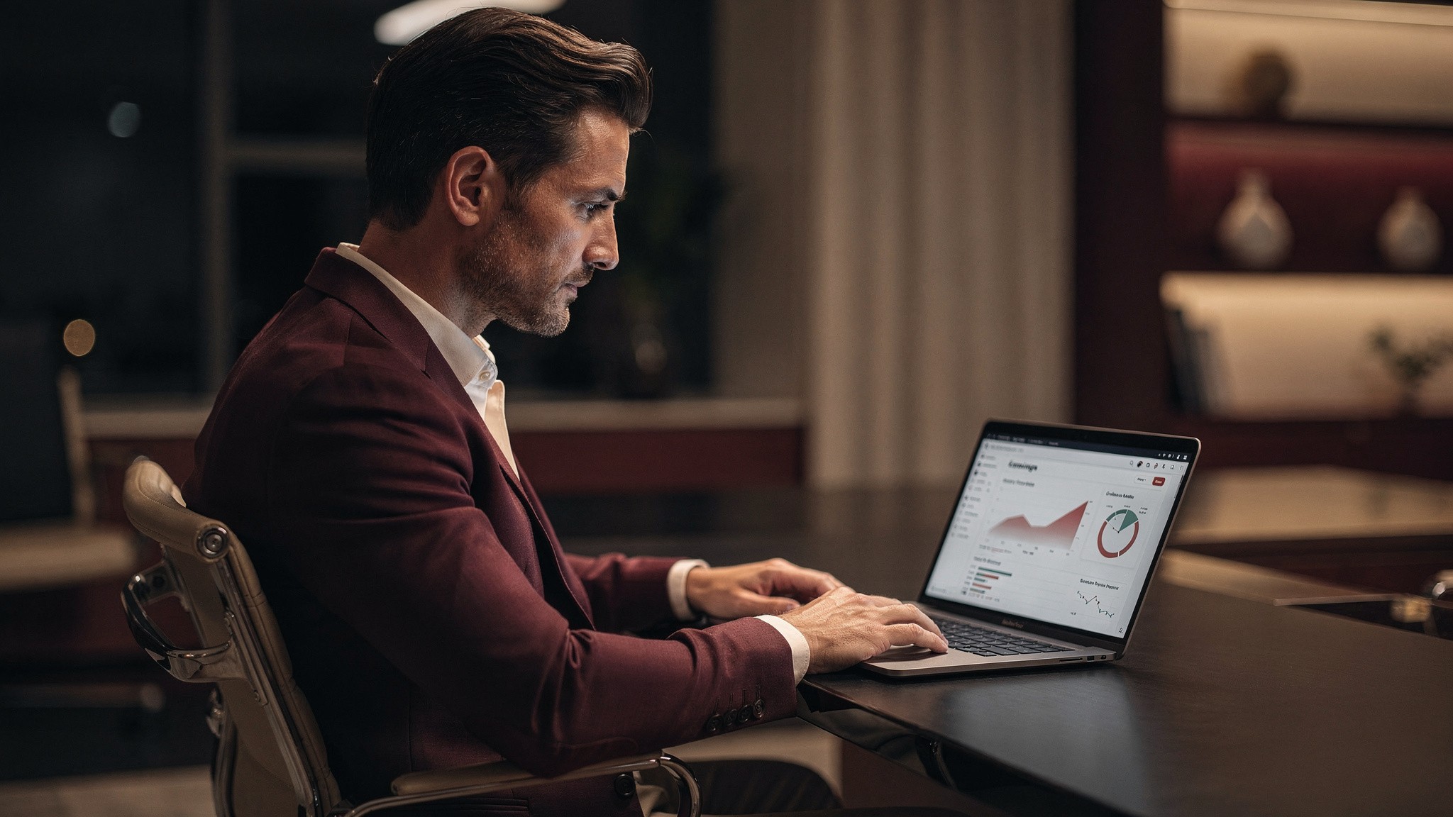 Creator reviewing an earnings dashboard on a laptop in a mood-lit office, ai influencer monetization