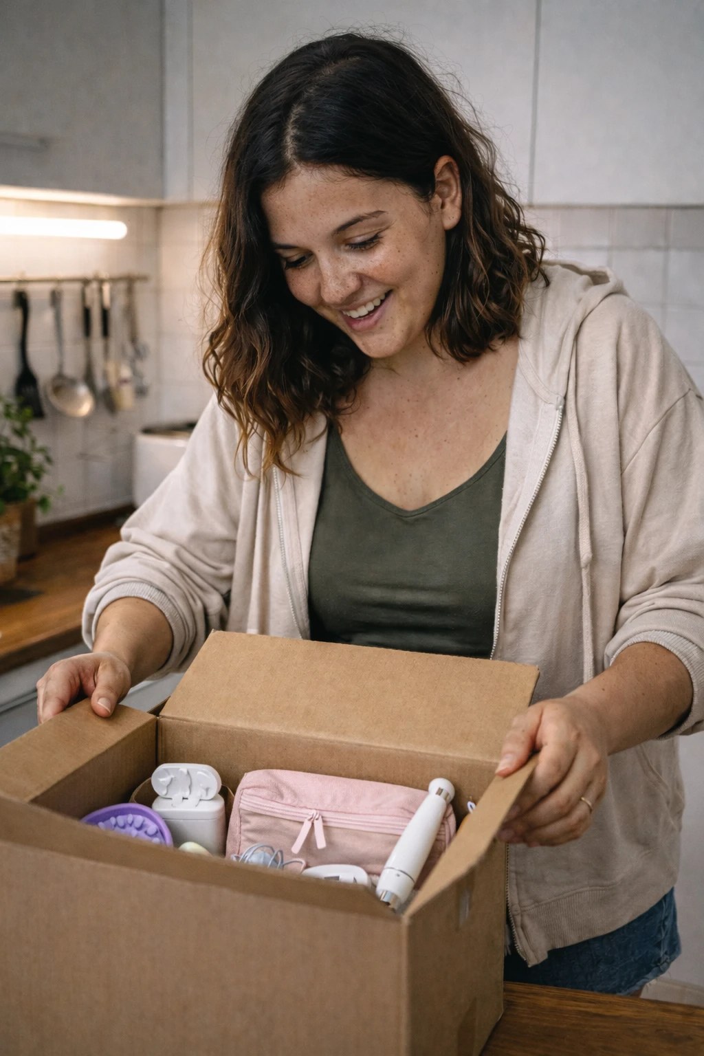 Una mujer sonriente en su cocina abriendo con entusiasmo un paquete que contiene diversos productos electrónicos y de cuidado personal. Gracias a la TakeCard de Takenos, los usuarios tienen una solución sencilla para comprar en Temu desde Argentina y recibir sus pedidos internacionales directamente en su hogar