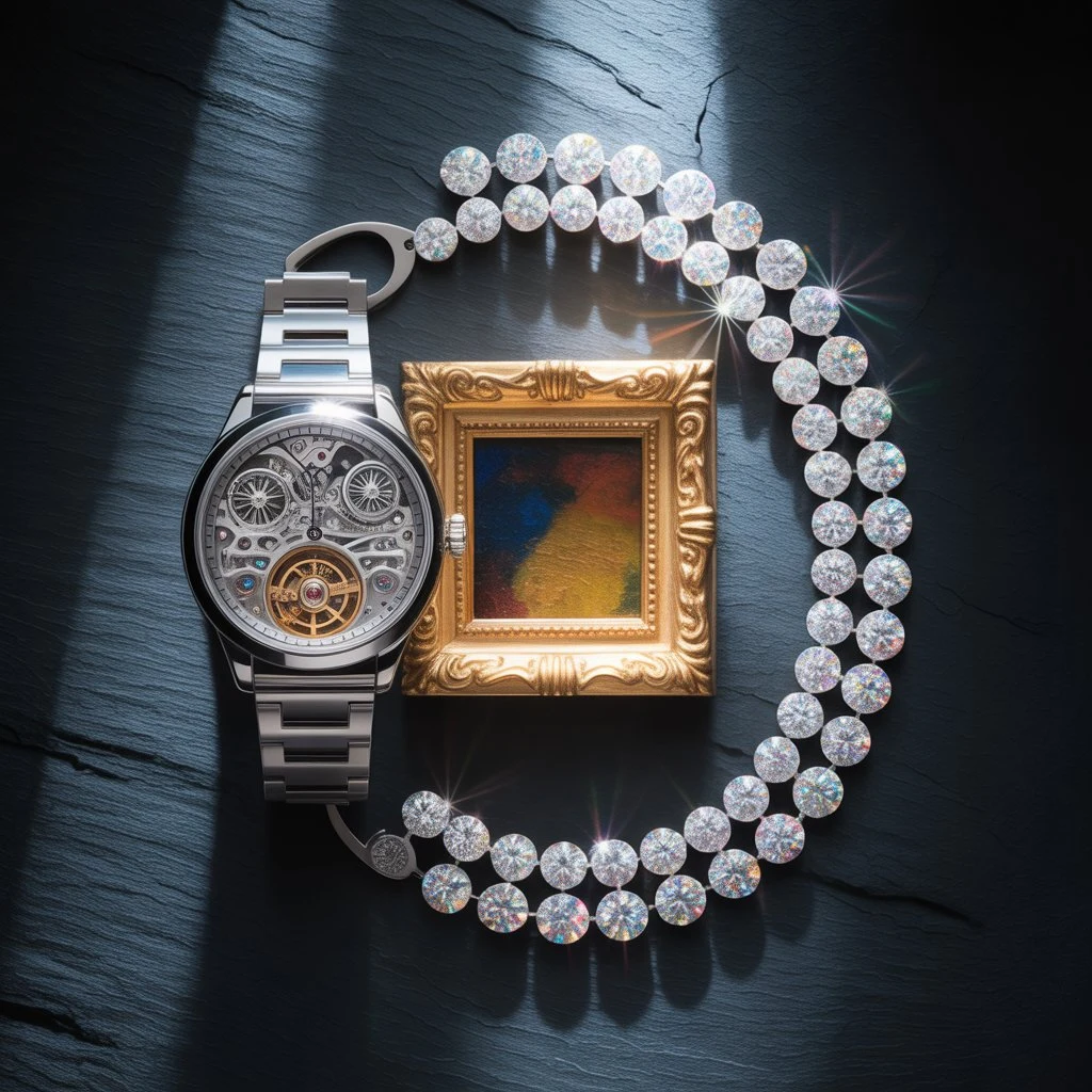 Luxus Flat-Lay mit Tourbillon Uhr, Diamantkette und Gemälde auf Schieferfläche – Schmuck Uhren Kunst Versicherung Lions Group