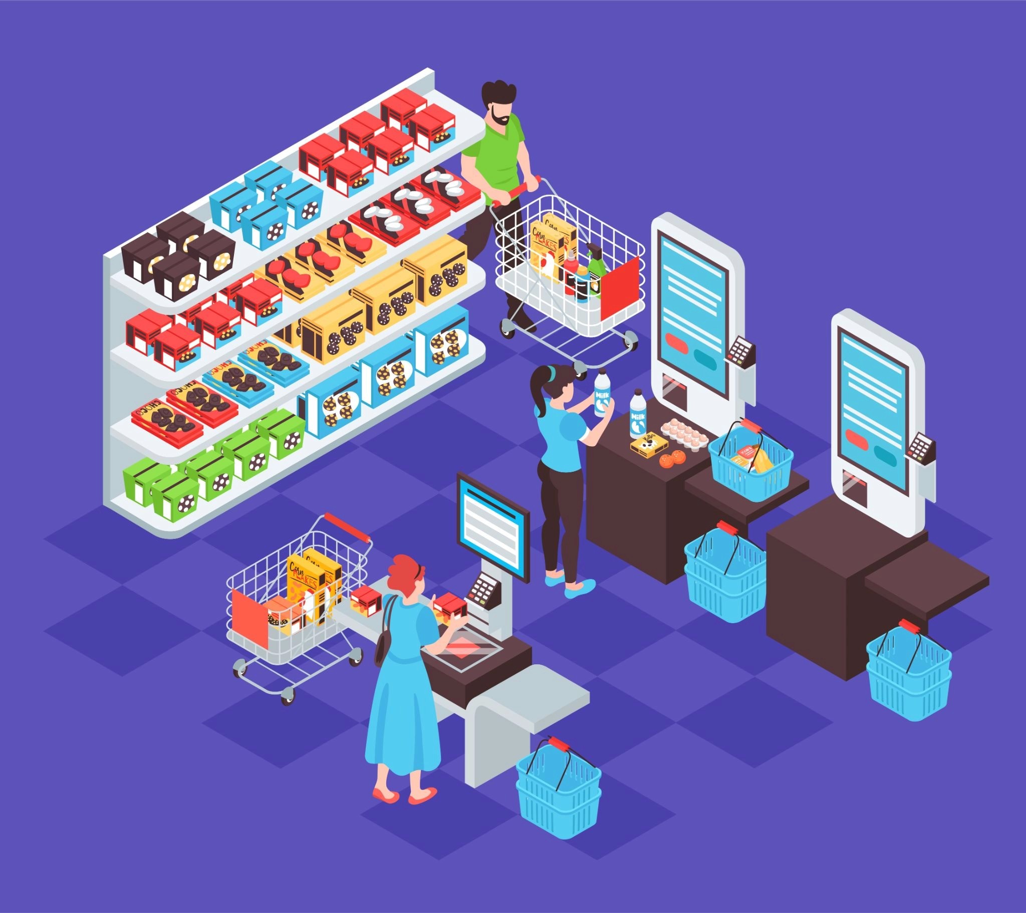 Isometric illustration of shoppers using self-checkout kiosks in a retail store