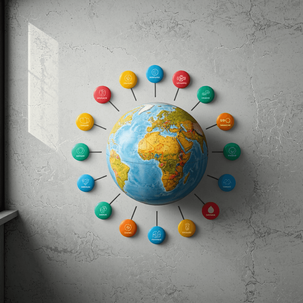 product photography of graphic representation of the Earth surrounded by icons