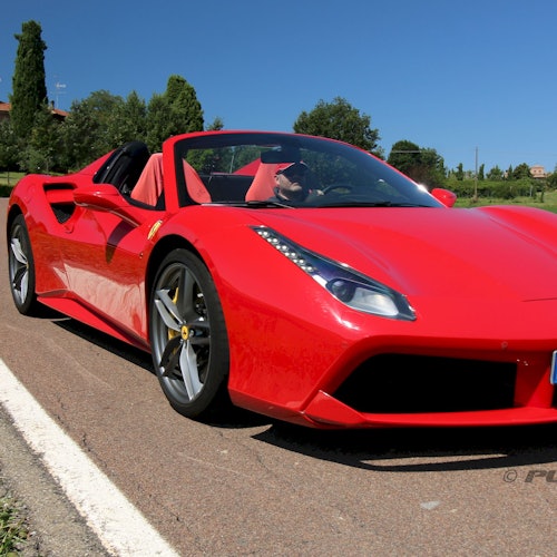 Red sports car with a man driving on a sunny road, surrounded by greenery and trees in the background.