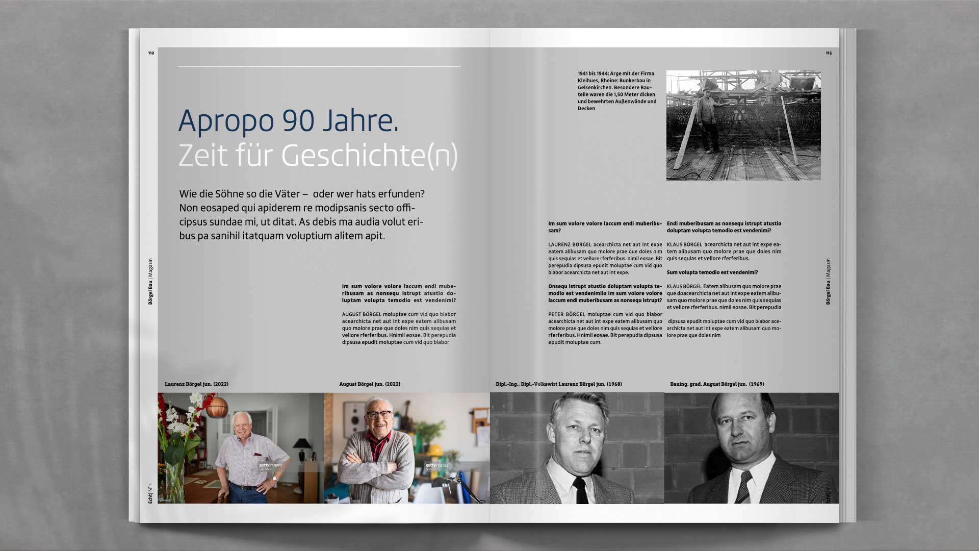 Layout mit Mitarbeiterporträts und regionalen Einblicken – zeigt die persönliche Seite des Bauunternehmens Börgel und stärkt das Employer Branding.