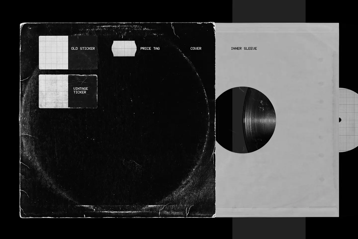 Vinyl record mockup with editable stickers including vintage label and price tag