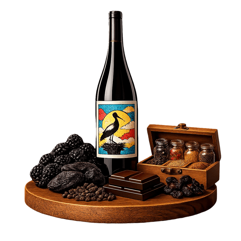 Artistic label and flavor profile for Bessarabia Red Blend on a rustic wooden table.