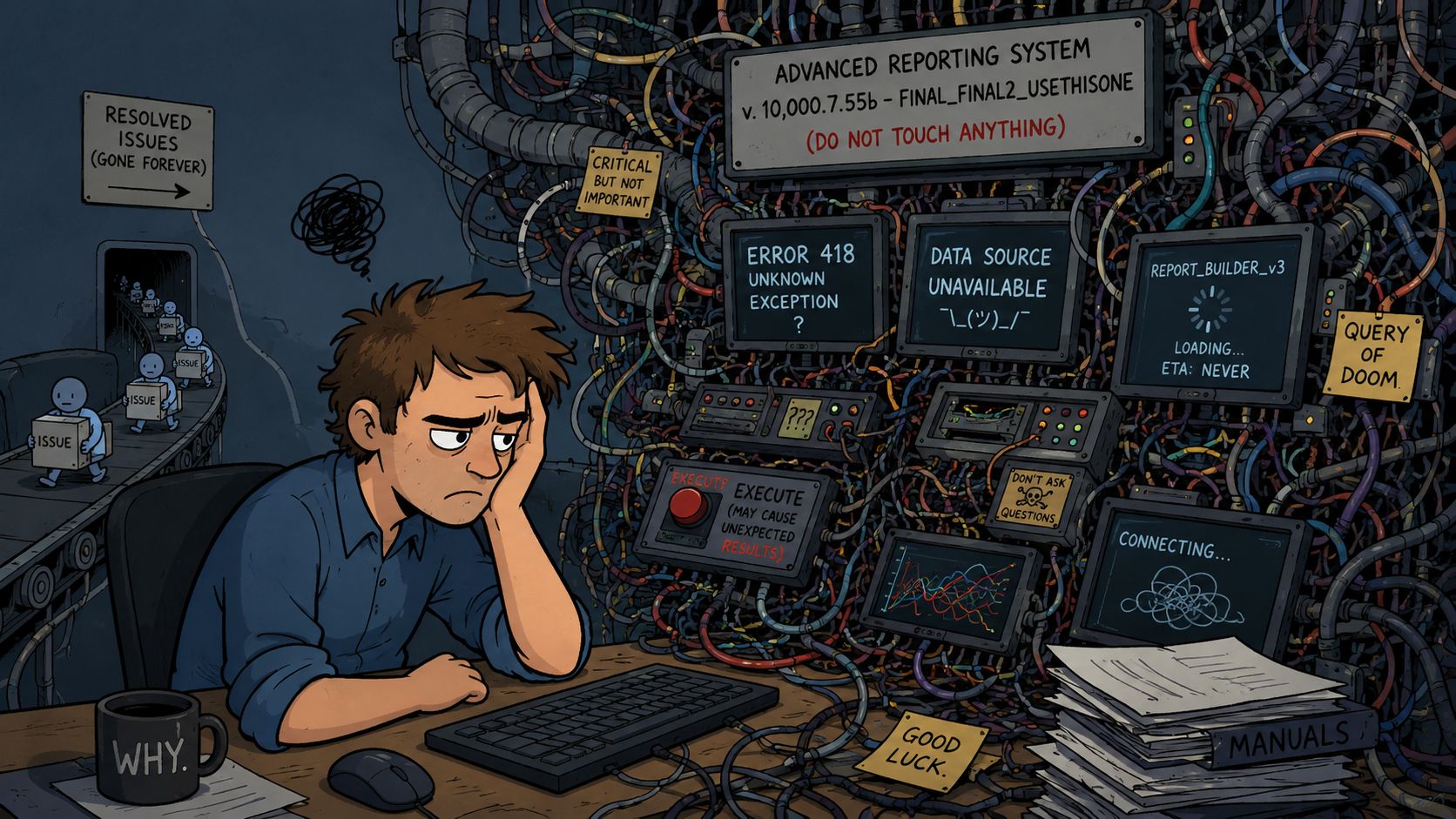 A stressed developer sitting in front of a complex computer system with confusing error messages and cables.