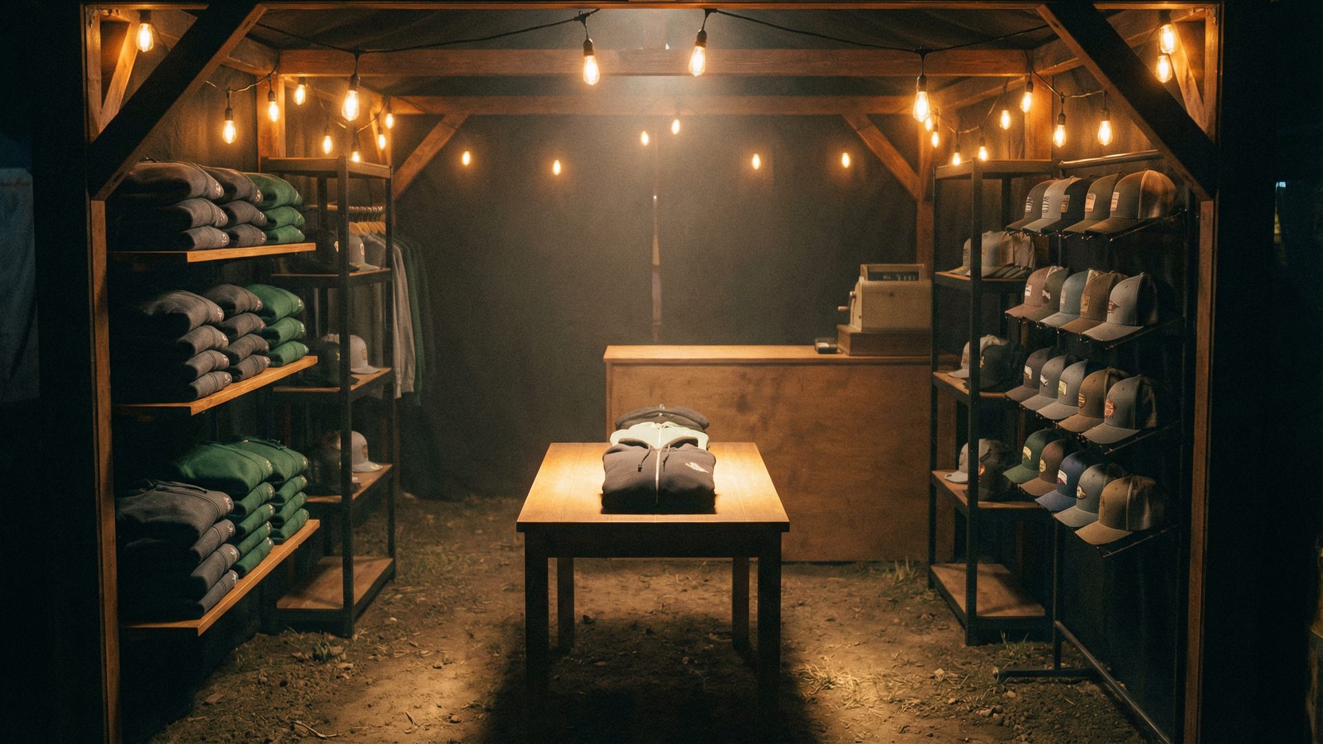 A beautifully designed festival merchandise pop-up shop at night, shot from the entrance looking in: custom-built dark wood and black steel fixtures, warm Edison bulb string lights overhead, neatly folded stacks of charcoal and forest green hoodies on the left shelving unit, rows of caps on the right, a central display table with a folded premium hoodie under a single warm spotlight, and a clean checkout counter in the back.