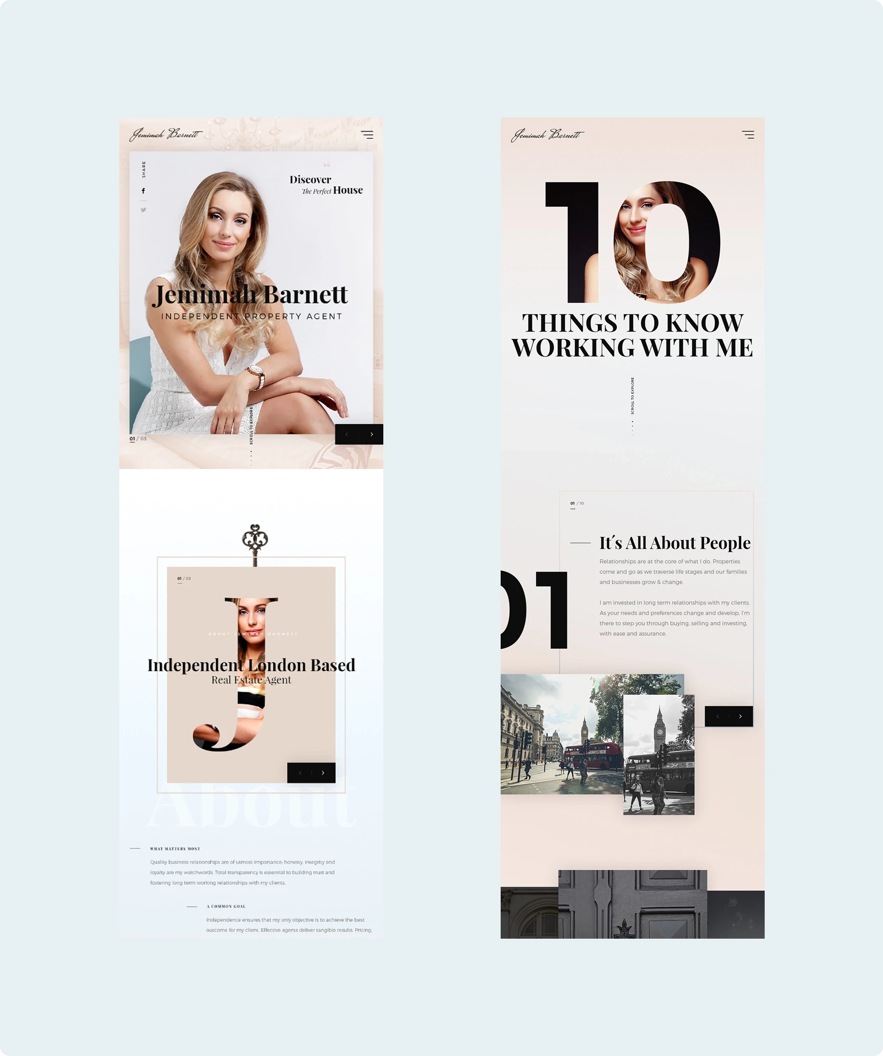 Editorial portfolio mockup with two cream-and-black pages, featuring a female model, bold typography, London street photos, and an elegant style.