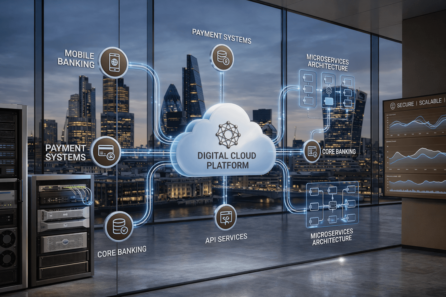 Visualization of modern cloud banking infrastructure inside a server room with a nighttime cityscape in the background. The digital diagram shows 'Digital Cloud Platform' as the central hub connected to various services such as Mobile Banking, Payment Systems, Core Banking, and Microservices Architecture through glowing blue connection lines.