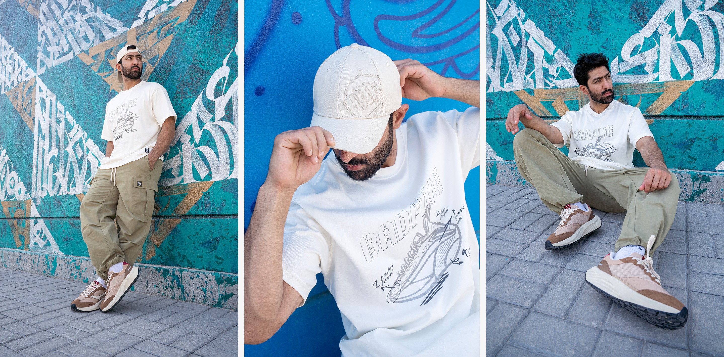 Three streetwear shots: a model in a Li-Ning cap and graphic tee against painted graffiti walls, styled as a lifestyle lookbook.