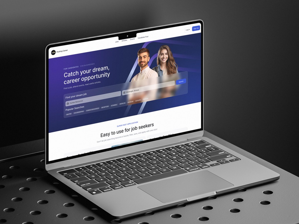 UI layout of job and event cards, including Ministry of Tourism updates and Antalya student event with modern minimal design