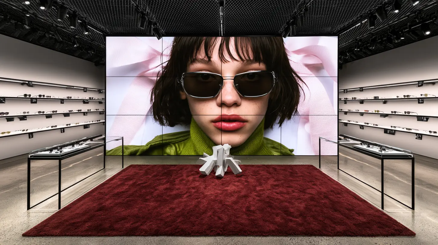 Luxury eyewear boutique interior with a giant LED video wall showing a model in sunglasses over a deep red rug, premium lifestyle fashion retail