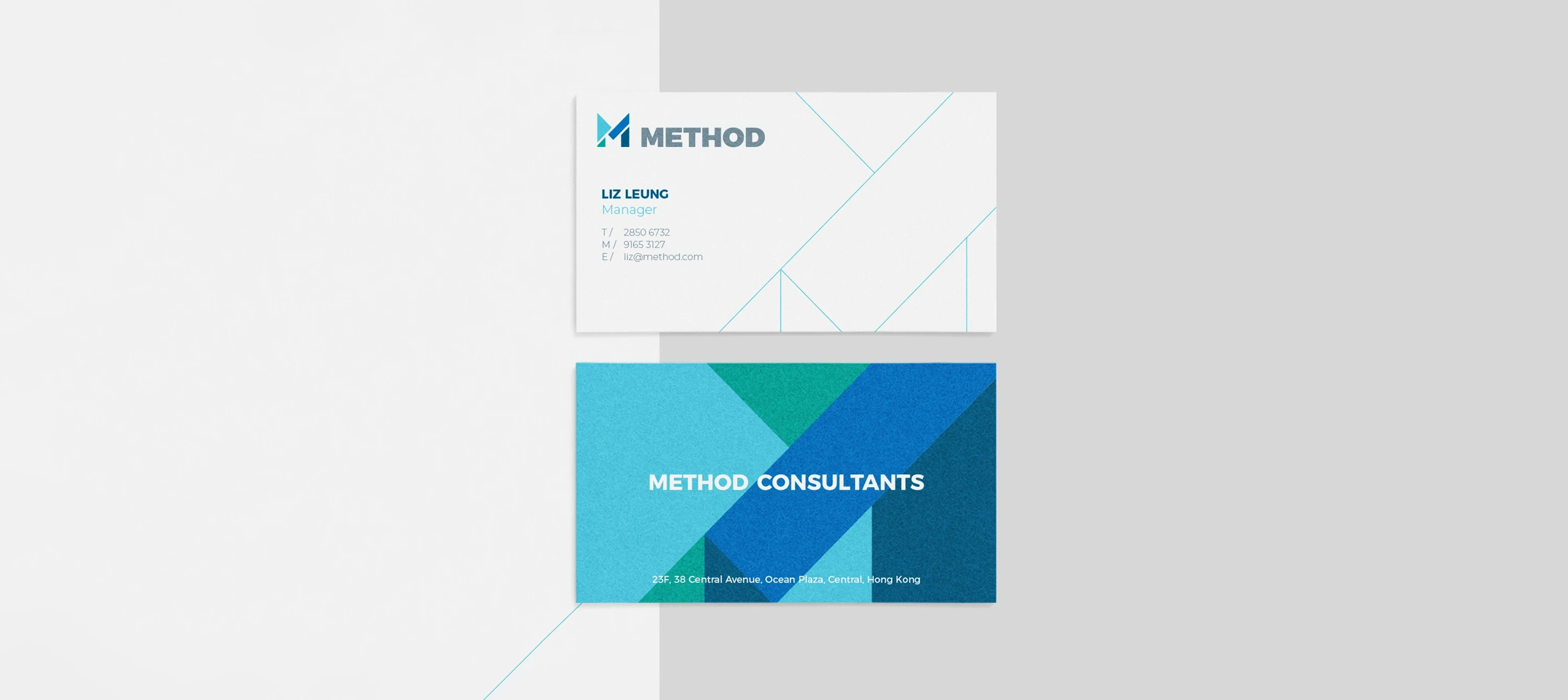 Method Consultants stationery mockup – business cards, letterhead, and digital assets in turquoise-blue palette showcasing cohesive brand identity by Teatime Studio.
