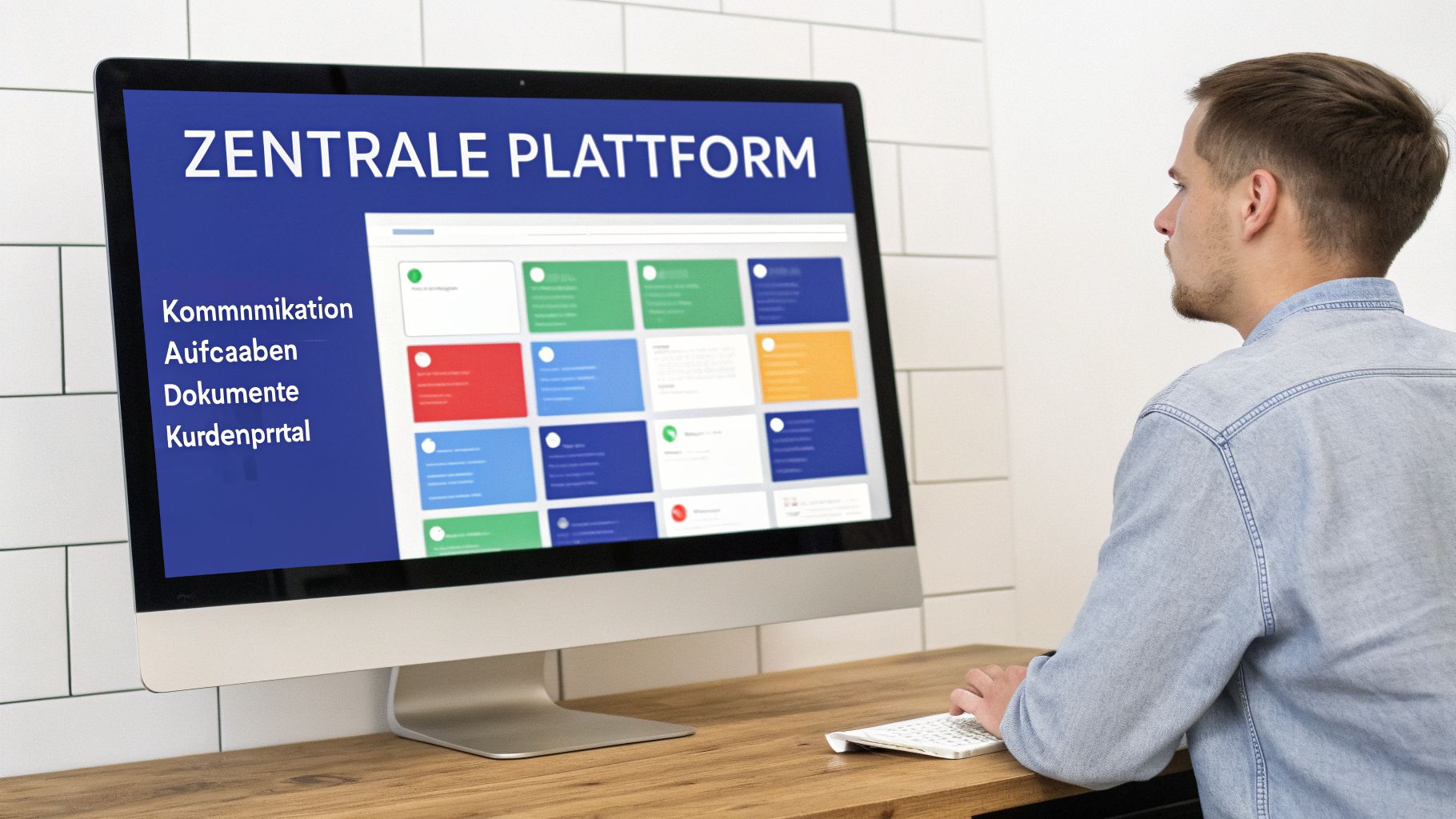 Ein Mann arbeitet am Computer, der eine 'Zentrale Plattform' mit Funktionen für Kommunikation, Aufgaben und Dokumente anzeigt.